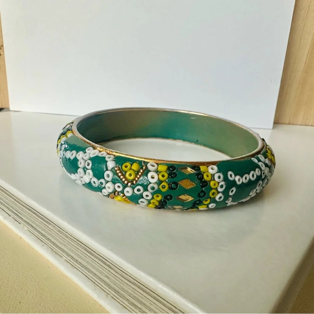 Vintage India Wooden Green Bracelet Bangle w Gold & Beaded Trim - Picture 7 of 7